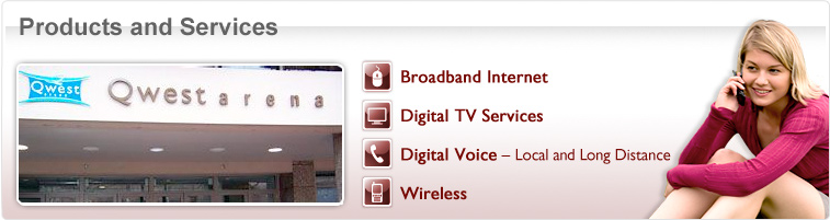 Products and Services - Broadband Internet - Digital TV Services - Digital Voice Local and Long Distance - Wireless - Photo of girl on phone